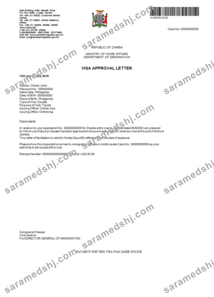 Zambia e-visa in Word and PDF template